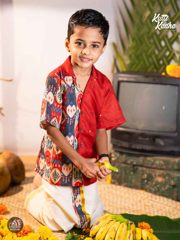 NIRAKKOOTT-Red Ikat Shirt + Dhoti Combo For Kids[KCOMBO0001]