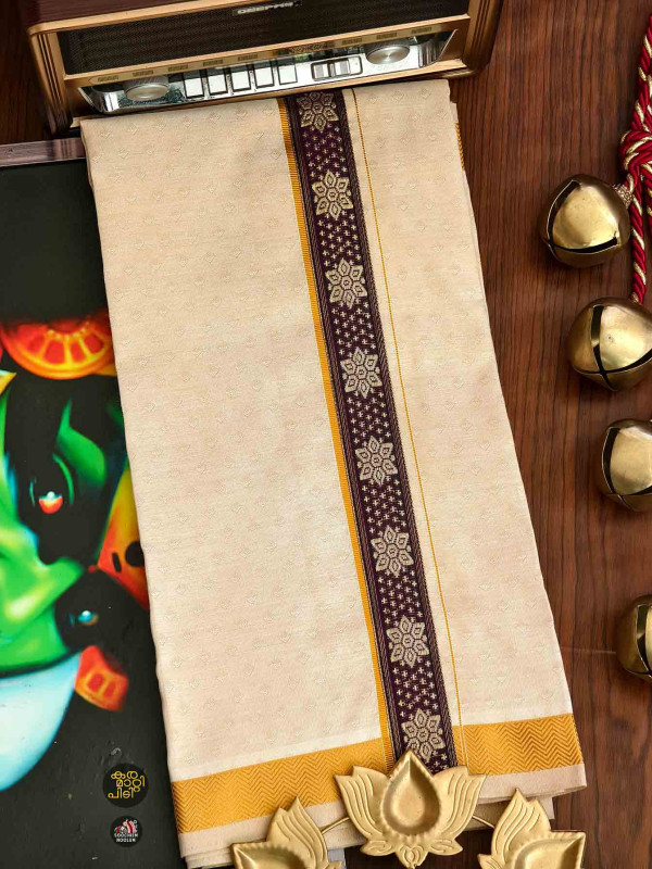 Tissue Golden Jacquard Kasavu Colour Full Embroidery Designer Premium Single Dhoti[SINGLE000116]