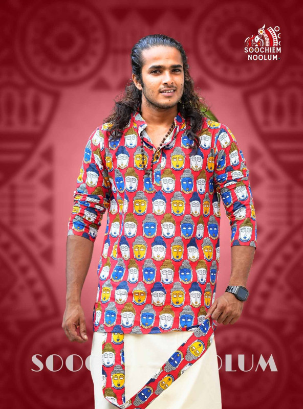 Red Premium Buddha Designer  Kurta + Off-White Premium Single Dhoti [Clearance Sale][KURTACOMBO00041]