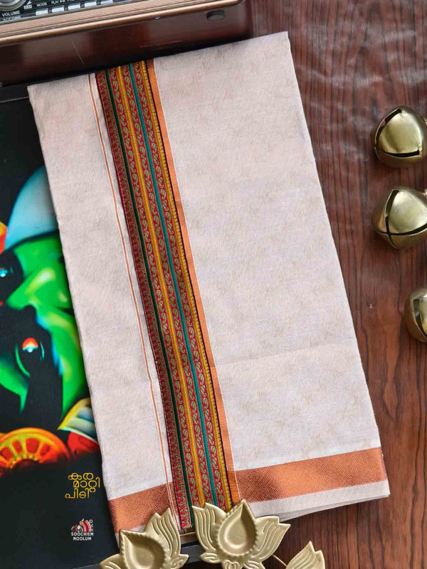 Tissue Copper Jacquard Kasavu Colour Full Embroidery Designer Premium Single Dhoti[SINGLE000109]