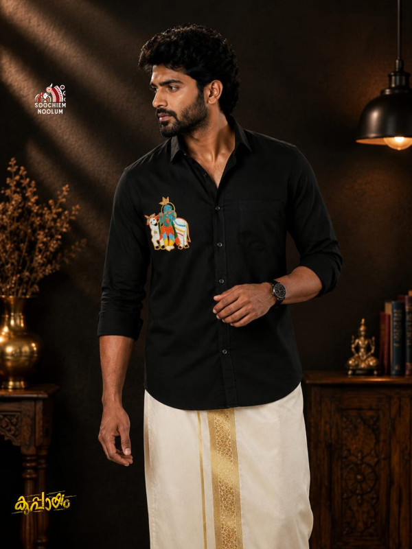 BLACK SREE KRISHNA BEADED PATCH PREMIUM DESIGNER SHIRT