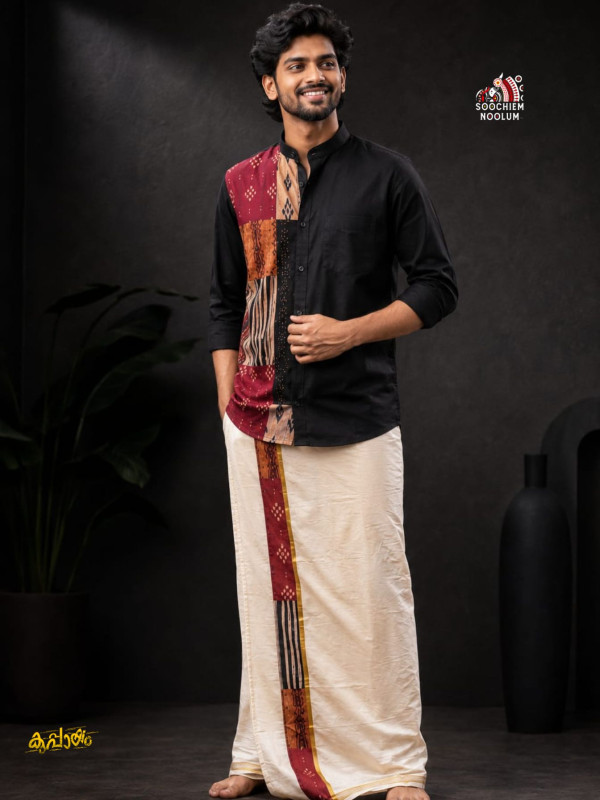 BLACK PREMIUM DESIGNER HALF PATCH SHIRT -  DOUBLE GOLDEN COTTON KASAVU DHOTI COMBO