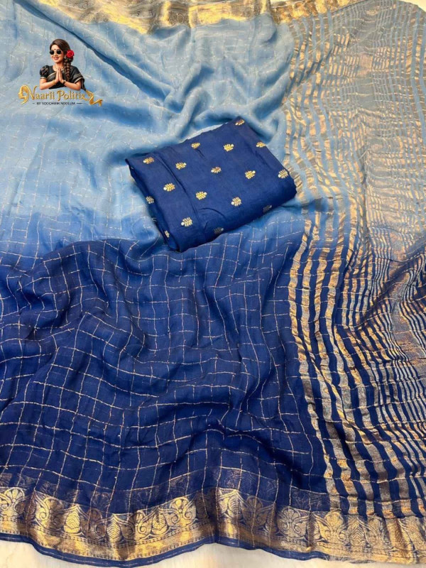 PURE VISCOSE WEAVING JACQUARD SAREE WITH PURE VISCOSE MATCHING BLOUSE - ROYAL BLUE & SKY BLUE
