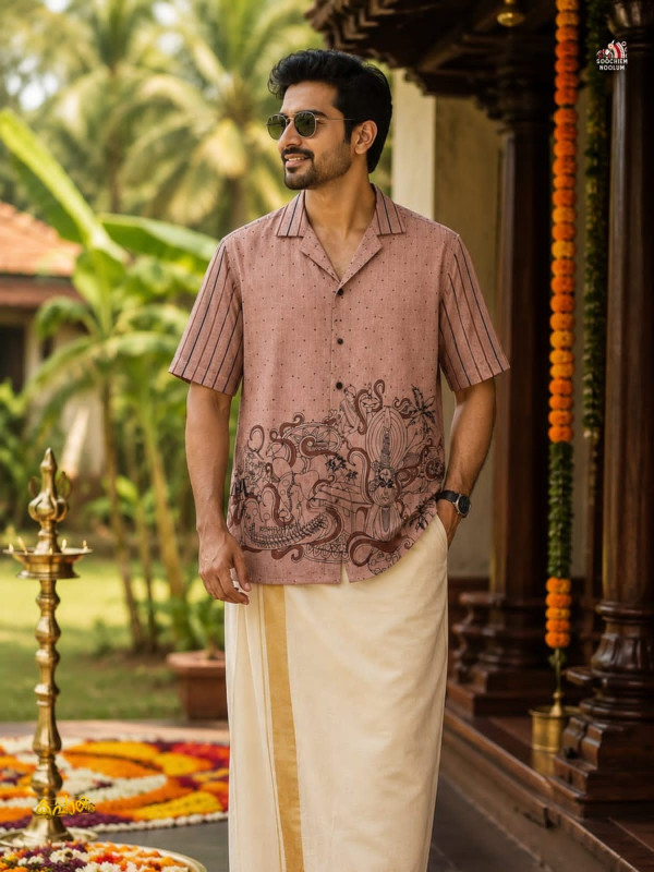 MELAM-ONAM SPECIAL PREMIUM DESIGNER SHIRT BEIGE HS - ELASTIC COTTON GOLDEN KASAVU DOUBLE DHOTI COMBO