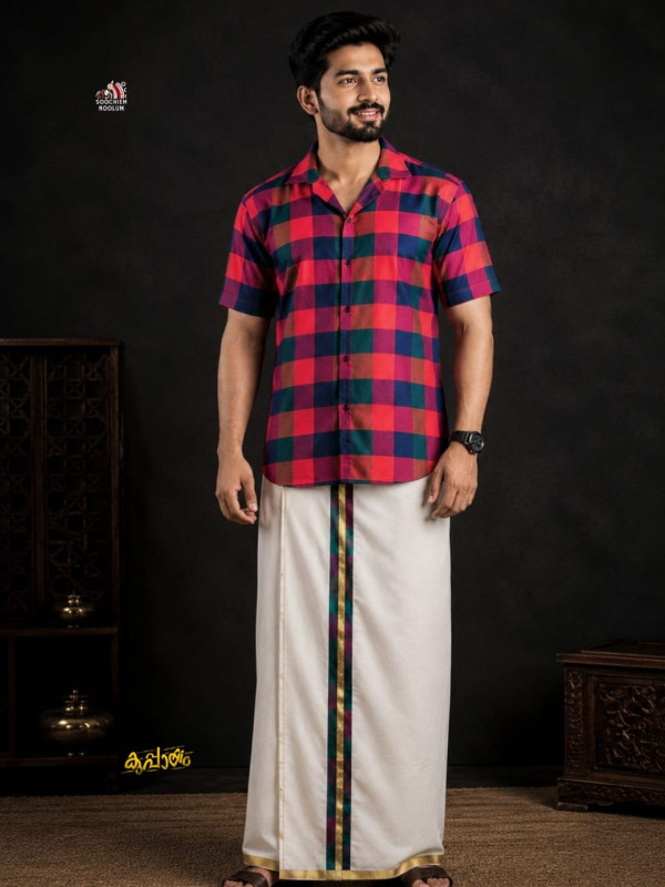 MADRAS CHECK-PREMIUM DESIGNER SHIRT DOUBLE GOLDEN COTTON KASAVU DHOTI COMBO