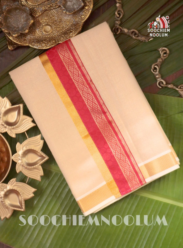 Tissue Golden Kasavu Colour Full Embroidery Designer Premium Single Dhoti[SINGLE00035]