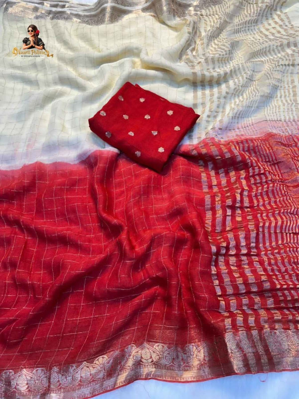 PURE VISCOSE WEAVING JACQUARD SAREE WITH PURE VISCOSE MATCHING BLOUSE - CREAM & DEEP RED