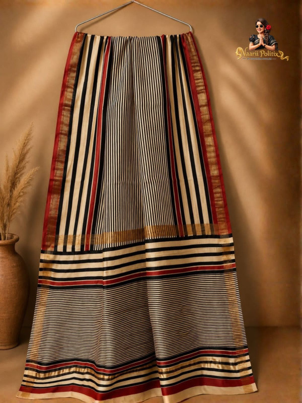 Geometrical Pure Maheshwari Silk Cotton saree Handblock Printed - Black Stripes [SAREE0000271]