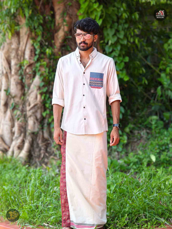 Off White Designer Pocket Patch Shirt+ Single Cotton Dhotie Combo[COMBO00068]