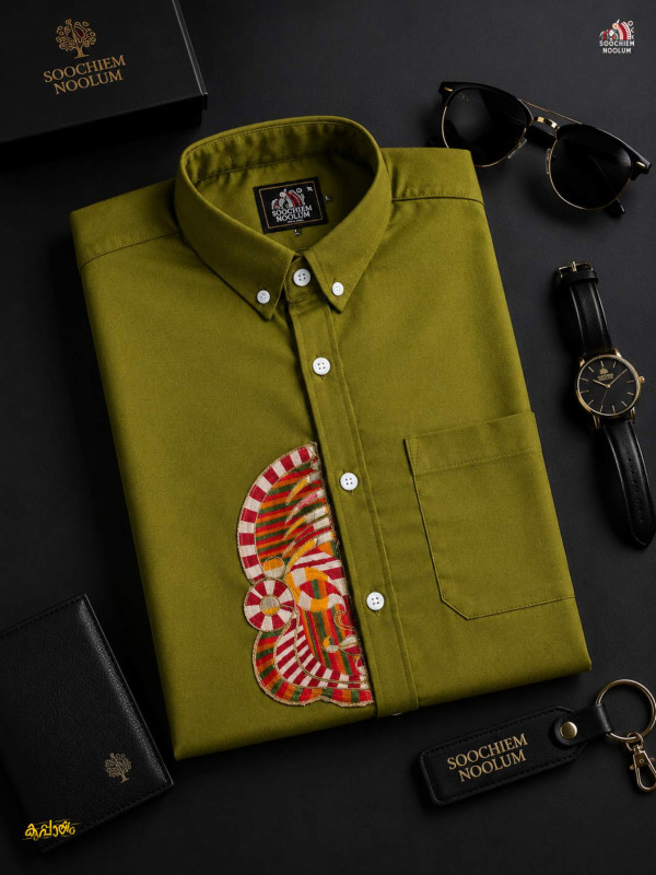 ARMY GREEN KATHAKALI EMBROIDERY HALF PATCH SHIRT