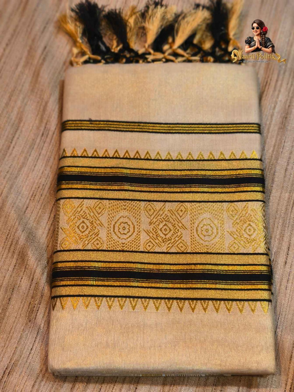 Temple Motifs Kerala Tissue Kasavu Saree  - Black and Gold [SAREE000081]