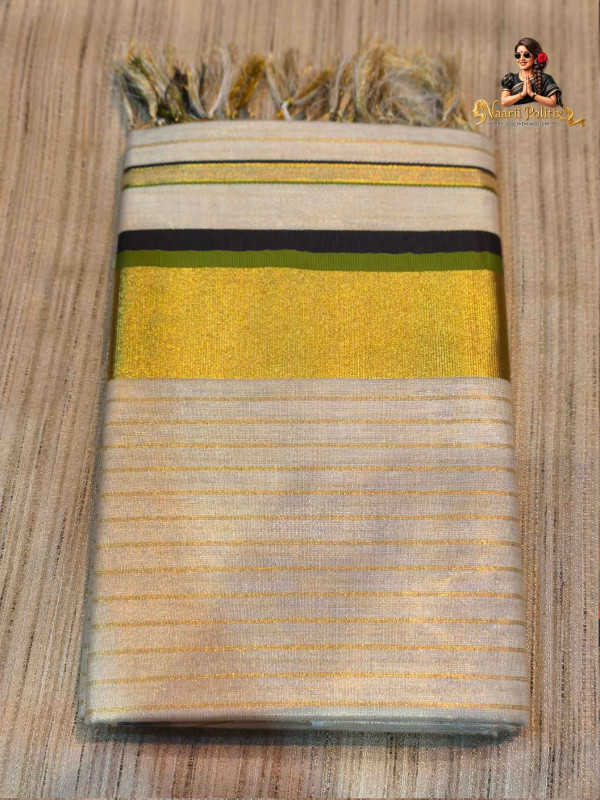 Striped Tissue Kasavu Saree 2 color Kara - Black and Olive Green [SAREE000084]