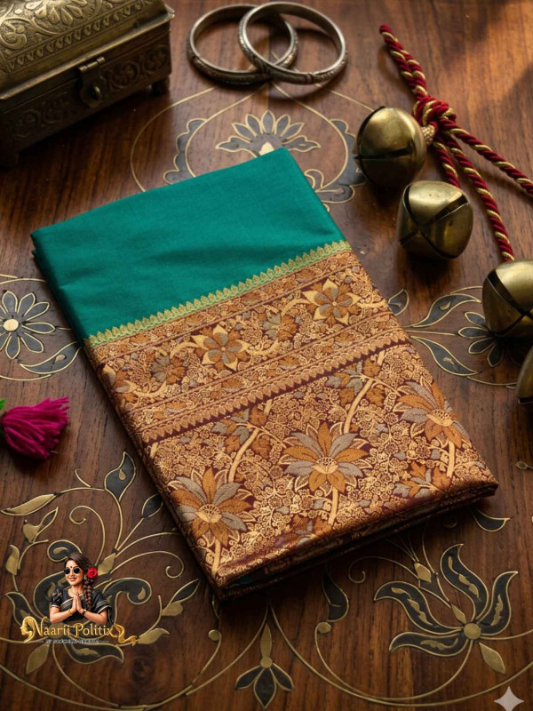 Butter Silk Saree in Emerald Green and Maroon with Antique Gold [SAREE000039]