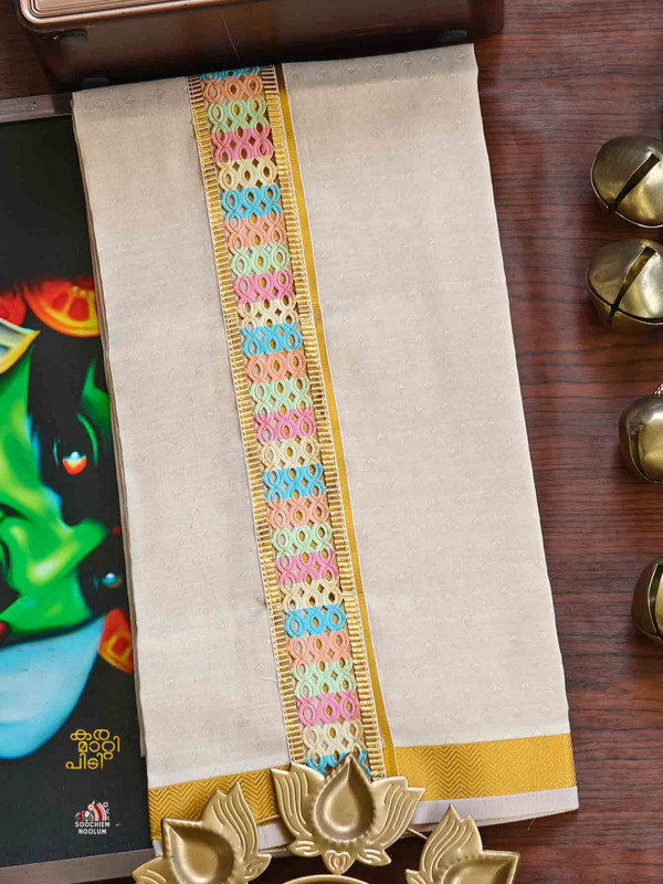 Tissue Golden Jacquard Kasavu Colour Full Embroidery Designer Premium Single Dhoti[SINGLE000101]